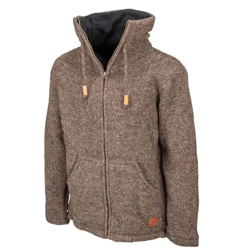 Kunst und Magie Klassische Strickjacke, Grau, Wolle mit Fleecefutter, Hochkragen, Winterjacke (DE/NL/SE/PL, Alphanumerisch, 3XL, Regular, Regular, Braun)