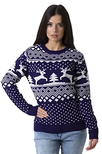 Produktbild BlauerHafen Damen Weihnachten Jumper Lange Ärmel Knit Rundhals Crew Christmas Xmas Sweater (Navy, XL)