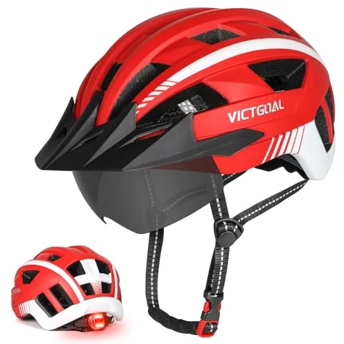 VICTGOAL Fahrradhelm mit Visier für Herren Damen, LED Rücklicht und Brille | PC Schale, EPS Schaum, 21 Belüftungen, Abnehmbares Visier, M/L/XL Größen, 54-63 cm Kopfumfang, Für Straße, MTB und Pendeln