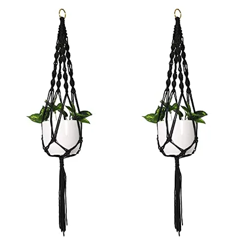 CENPEK Makramee-Pflanzenaufhänger, hängende Pflanzkörbe, Aufhänger mit Quasten, Blumentopfhalter, Baumwollseil, Schwarz, 2 Stück