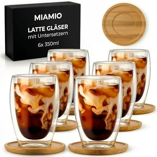 MIAMIO Latte Macchiato Gläser Set 6er - Das MIAMIO Latte Macchiato Gläser Set aus doppelwandigem Borosilikatglas (350 ml) vereint modernes Design mit Funktionalität. Ideal für stilvolle Kaffeemomente, hält es Getränke länger warm und ist ein perfektes Geschenk für Kaffeeliebhaber.