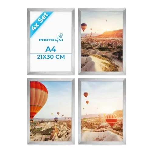 PHOTOLINI Bilderrahmen 4er Set 21x30 cm – Elegante Poster-Rahmen für kreative Gestaltung - Set aus 4 modernen MDF-Bilderrahmen im Format 21x30 cm für individuelle Wandgestaltung. Ideal zum Aufhängen oder Aufstellen, mit bruchsicherem Acrylglas für perfekten Schutz Ihrer Bilder.