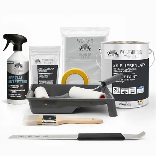 WO-WE Komplettset 2K Fliesenlack Renovierungsset für Küche, Badezimmer, Wand- & Bodenfliesen Platingrau 2,5Kg