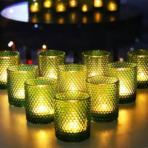 Vohocandle Grüne Teelichtgläser Weihnachten, Bubbles Teelichthalter Glas mit 12 Stück, Grüne Vintage-Teelichter Glas für Zimmer, Garten, Hochzeit oder andere Feiern (5,5 B × 6,5 H cm)