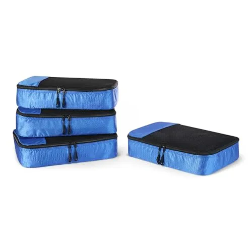 Amazon Essentials 4-teiliges Packwürfel-Reisezubehörset, Gepäckorganizer mit Doppelreißverschluss, Netzoberseite, 100% Polyester, mittelgroß, blau (früher Amazon Basics)