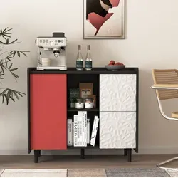Sideboard Aus Mdf In Schwarz-rot 90 X 40 X 80 Cm Mit 2 Schubladen, Offenen Fächern Und Schrankfach