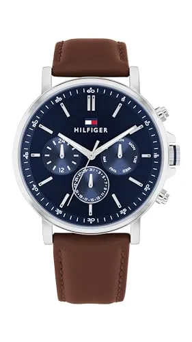 Tommy Hilfiger Multi Zifferblatt Quarz Uhr für Herren mit braunem Lederarmband - 1710585 - Armbanduhren für Herren, elegante Multifunktionsuhr mit mattem Marineblau Zifferblatt und wasserabweisend bis 5 bar, ideal für jeden Anlass.