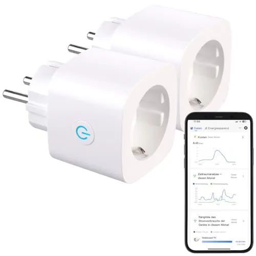 Luminea Home Control WLAN Steckdosen TUYA: 2er-Set 2in1-WLAN-Steckdose, bidirektionale Strom-Messung, 16 A, App (Stromzähler Steckdose Solar, Alexa Steckdosen Smart Plugs)