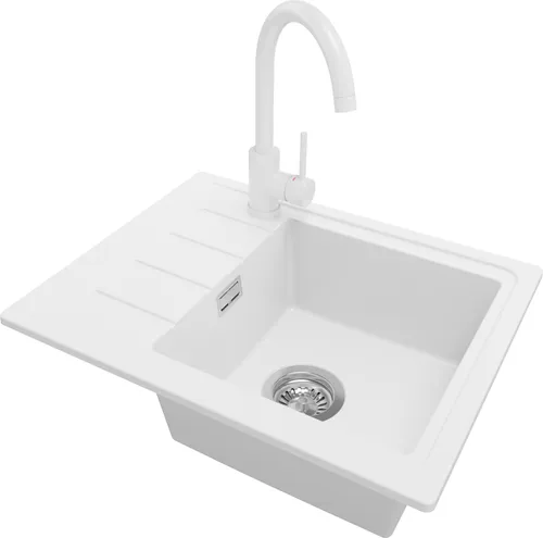 PRIMAGRAN Granitspüle Weiß 55x44cm mit Küchenarmatur und Ablauf-Set
