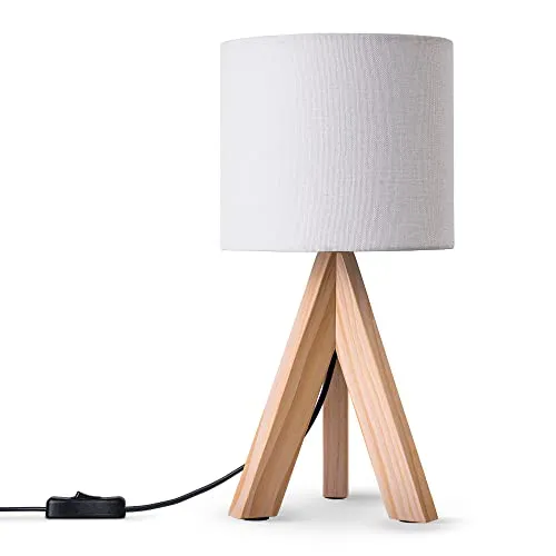 Paco Home Tischlampe - Elegante Nachttischleuchte mit Holz und Stoffschirm - Tischlampen für modernes Wohnen, gefertigt aus hochwertigem Stahl und edlem Holz, ideal zur Dekoration und Beleuchtung von Schlafzimmer und Wohnzimmer.