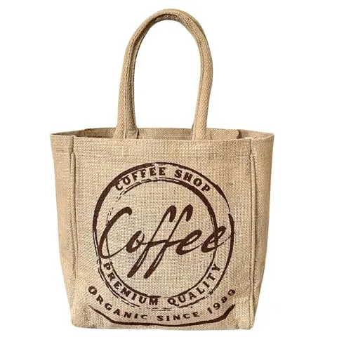 Domelo Jute Handtasche kleine Tote Bag vegane Einkaufskorb Naturfarbe Geschenktasche mini Tragetasche Jutetasche Korb mit Aufdruck Damen Tasche nachhaltige Shopper Jutebeutel als Geschenk für Frauen
