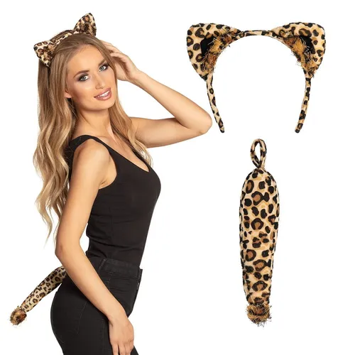 Leoparden Set Haarreif mit Ohren und Schwanz Leopardenohren Fasching Karneval