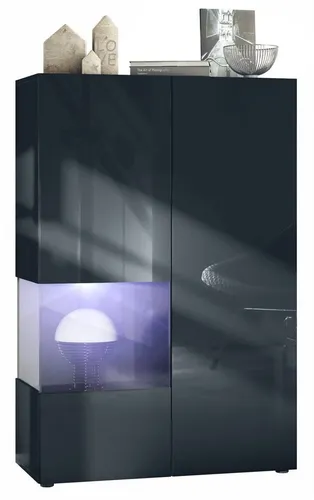 Vladon Standvitrine Morena V2 (Standvitrine, mit 2 Türen und Glaseinsatz inkl. LED-Beleuchtung) Schwarz matt/Schwarz Hochglanz/Schwarz matt(91,5 x 136,5 x 37 cm)