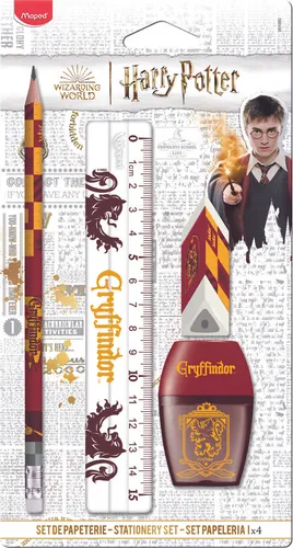 Maped Gryffindor 4-teiliges Schreibwaren-Set - 15 cm Lineal, Anspitzer, Radiergummi und Bleistift HB, ideal für kleine Magier und kreative Köpfe