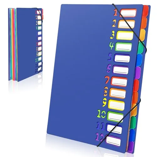 Gemtte Fächermappe A4, Mappen Ordnersystem mit 12 Fächern, 24 Taschen Dokumentenmappe Folder, Bunte Wasserdicht Ordnungsmappe für Schule Bürobedarf (Blau)