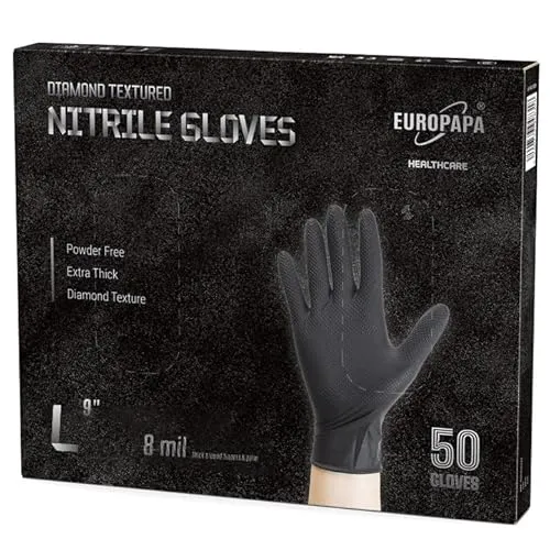 EUROPAPA® 50x extra dicke Nitrilhandschuhe DiamantGrip Diamant Perfect Grip Einweghandschuhe Montageschutzhandschuhe puderfreier latexfreier Arbeitshandschuhe (8 mil, L, Schwarz)