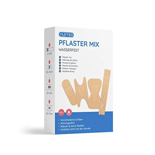Pflaster Mix Set wasserfest - 50 Stk Beige - Box mit Fingerpflaster lang, Fingerkuppenpflaster, Gelenkpflaster & Strips - Pflasterbox gefüllt für Reise & Büro - Pflasterset - band aid