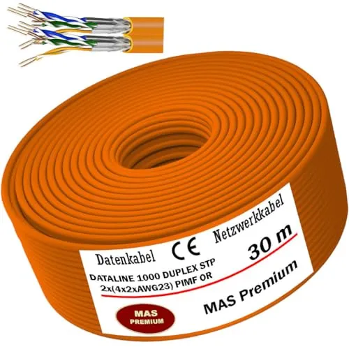 MAS Premium CAT 7 oder CAT 7 A Datenkabel von 5m bis 500m Netzwerkkabel Installationskabel Halogenfrei Kommunikationskabel Verlegekabel LAN Kabel (DATALINE 1000 STP 8X2XAWG23 OR, 30m)
