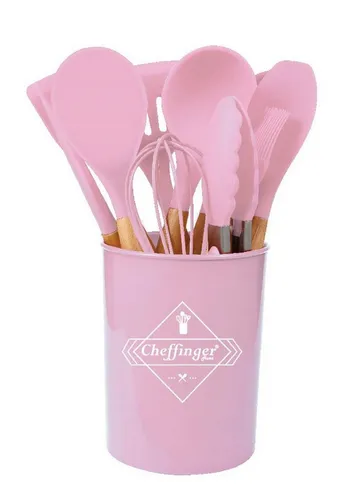 Cheffinger 12-tlg Kochbesteck-Set - Kochbesteck-Sets mit robusten, hygienischen Küchenhelfern aus Silikon und Holzgriff, spülmaschinenfest und leicht zu reinigen – ideal für jede Küche!