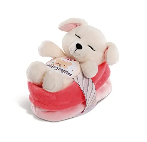NICI - 48110 Plüschtier Sleeping Puppies Hund 12 cm, cremefarben, im Korb rot und rosa, beige