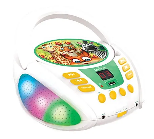 Lexibook, Dschungeltiere, Bluetooth-CD-Player für Kinder, tragbar, mehrfarbige Lichteffekte, Mikrofonbuchse, Aux-in-Buchse, AC- oder batteriebetrieben, Mädchen, Jungen, Weiß/Grün, RCD109ANX