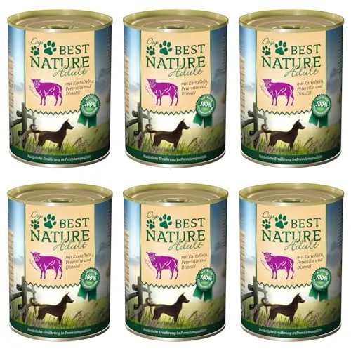 Best Nature Adult, Nassfutter für Hunde, 6X 400g - Lamm mit Kartoffeln, Petersilie und Distelöl - Hundefutter in Premiumqualität