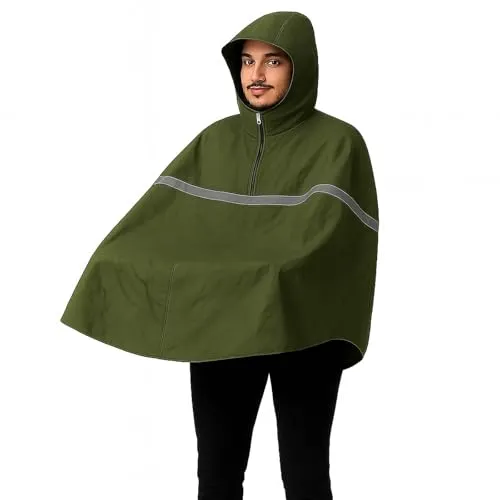BURI Fahrrad Regencape Olivgrün Unisex – wasserdichtes Poncho mit Kapuze & Fronttasche – über Rucksack tragbar, leicht (285 g), atmungsaktiv – Gürteltasche, One Size, 100% Polyester
