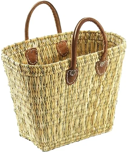 Kobolo Shopper Seegrastasche mit Ledergriffen - Elegante Seegrastasche in Naturfarbe, ideal für den Alltag. Mit robusten Ledergriffen und einem Volumen von 20 l bietet sie ausreichend Platz für Einkäufe und mehr.