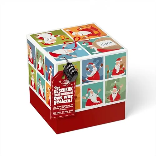 SURPRISA Geschenkbox für Weihnachten, Rätselbox Geldgeschenke Verpackung für Gutscheine, Weihnachtsmann Rätsel, Größe M (16cm)