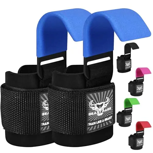 BEAST RAGE Gewichtheberhaken, Handgelenkriemen, dickes Neopren, gepolstert, gummiert, Fitnessbandagen, rutschfest, Kreuzheben, Training, Fitnessstudio, Workout, Herren und Damen (Blau)
