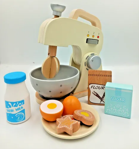 Spielzeug Mixer Set Küchenmaschine Zubehör aus Holz - Hochwertiges Holzspielzeug für kreative Küchenspiele, empfohlen ab 36 Monaten, ideal für kleine Köche.