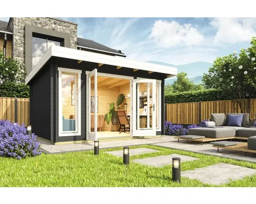 Gartenhaus Blockhaus Pultdach 34 mm Dorset 2 grau 410x320 cm - Gartenhaus aus robustem Holz mit abschließbarer Doppeltür, ideal für Gartenliebhaber. Genießen Sie 11,24 m² Nutzfläche und hochwertige Isolierverglasung für optimale Wärme.