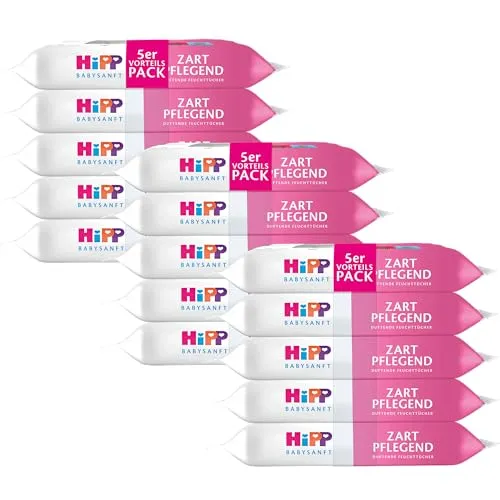 HiPP Babysanft Feuchttücher Zart Pflegend, 720 Stück (3er Pack mit je 5 x 48 Tücher), mit Bio-Mandelextrakt, besonders hautverträglich, für die sanfte Reinigung zarter Haut