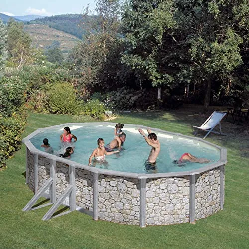 Paradies Pool® Gre Giant oval 375x610x120cm (Ø x H), Komplettset,Stahlwandbecken Stein, Poolplane in blau 0,4mm, Handlauf extra breit, inkl. Skimmer-Set und Leiter, Swimmingpool, Menge: 1 Stück