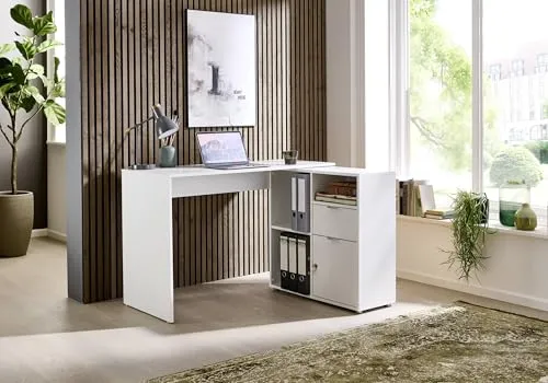 BMG Möbel Eckschreibtisch LENI - 110 cm, abschließbare Tür, modern - Eckschreibtisch mit Regal, spiegelverkehrt montierbar und abschließbarem Fach. Ideal für effizientes Arbeiten und stilvolle Organisation.