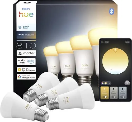 Philips Hue White Ambiance E27 60W LED Lampe - 4er-Set - Weihnachtsbeleuchtung mit natürlichem Tageslicht, einfacher App-Steuerung und langer Lebensdauer von 11 Jahren für stimmungsvolle Festtage.