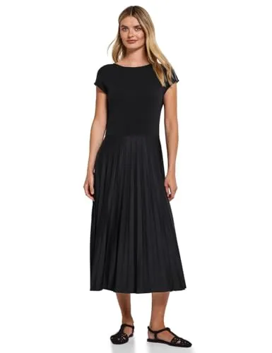 STREET ONE Damen A144564 Kleid mit Plissée-Rock, Schwarz, Größe 46 - Elegantes Freizeitkleid mit Rundhalsausschnitt, Ärmellos und einem schwingenden Plissée-Rock aus glänzendem Materialmix – perfekt für besondere Anlässe oder den Alltag.
