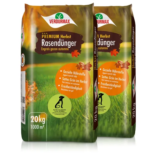 VERDURMAX® Premium Herbst Rasendünger 2 - Dünger für gesunden Rasen im Winter – vegane Rezeptur mit schneller Wirkung und langanhaltender Pflege für frostresistente Gräser.