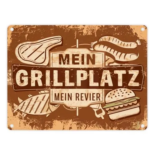Grillplatz Vintage Metallschild in 15x20 cm - Mein Revier Schild für das Grill-Revier perfekt für Steak Wurst und Fisch Fans