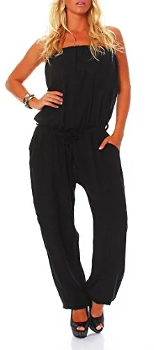 malito Damen Jumpsuit mit Carmen-Ausschnitt - Leo-Print Schwarz - Stylischer Jumpsuit mit femininem Carmen-Ausschnitt, ideal für Sommer und Freizeit. Der leichte Stoff sorgt für hohen Tragekomfort und passt sich perfekt an deine Figur an.