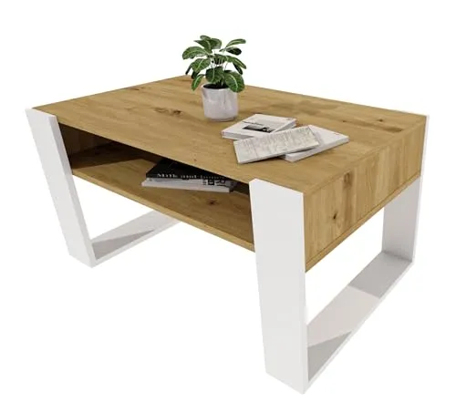 möbelkap Couchtisch 92×53.6 cm – Wohnzimmertisch aus Holzwerkstoff, Stabiler & moderner Kaffeetisch mit zusätzlicher Ablagefläche – Beistelltisch, Eiche Artisan/Weiß, rechteckig
