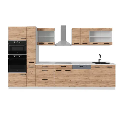 Vicco Küchenzeile R-Line, Goldkraft Eiche/Weiß, 350 cm mit Marmorarbeitsplatte - Küchenzeile mit höhenverstellbaren Füßen für optimale Anpassung. Bietet viel Stauraum und ist ideal für kleine bis große Küchen. Gönnen Sie sich Ihre Traumküche!