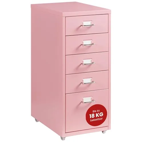 [en.casa] Rollcontainer Kökar - 5-Schubladen Schubladenschrank in Rosa - Aktenschrank mit 5 Schubladen für optimale Büroorganisation. Robuste Metallkonstruktion auf Rollen für flexible Mobilität und einfache Handhabung.