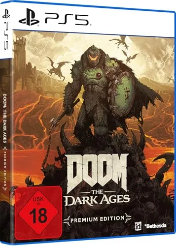 Doom The Dark Ages Premium Edition - PS5 - PS5 Spiel ab 18, erlebe die epische Entstehungsgeschichte des DOOM-Slayers in einem düsteren mittelalterlichen Krieg gegen die Hölle. Inklusive Kampagnen-DLC, digitalem Artbook und Soundtrack!
