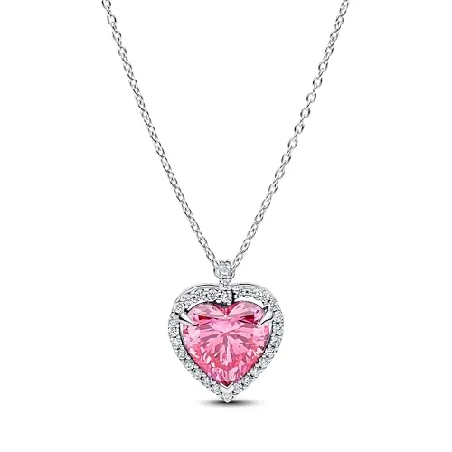 PANDORA Timeless Rosafarbener Strahlenkranz Herz Collier-Halskette - Elegante Halskette aus Sterling Silber mit rosafarbenem Zirkonia und funkelndem Strahlenkranz. Ideal für besondere Anlässe und ein strahlender Blickfang.