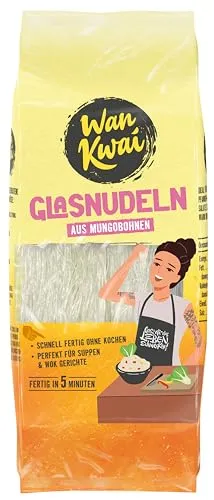 Wan Kwai Glasnudeln 100g – Asiatische Vielfalt für Genießer! Glutenfrei, aus Mungobohnenstärke & Wasser. Ideal für Suppen, Wok- und Pfannengerichte sowie Salate. Zarte Textur, in 5 Minuten fertig.