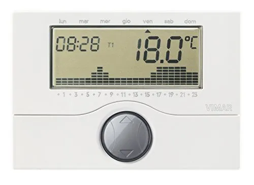 Vimar 01910 Elektronischer Uhrenthermostat - Programmierbarer Thermostat für Zuhause mit Tages- und Wochenprogrammierung, ideal für individuelle Temperaturregelung ohne Netzstrom.