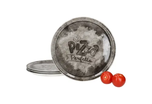 MamboCat Pizzateller 4x Perfetto Schwarz Ø 31,5 cm - Pizzateller-Set für 4 Personen aus robustem Porzellan in rustikaler Optik, ideal für gemütliche Abende mit Pizza. Stapelbar und spülmaschinengeeignet für einfache Reinigung.