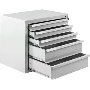ADB Schubladenschrank 24776, 5 Schübe aus Metall in lichtgrau - Büroschränke mit 5 Schüben, zentralverriegelbar und robust, ideal für Werkstätten. Ergonomische Griffleisten und Vollauszug für optimale Nutzung.