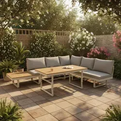 greemotion Gartenlounge-Set Lima - Beige-Holz/Grau inkl. Auflagen & Tisch - Das elegante greemotion Gartenlounge-Set Lima bietet verstellbare Kopfteile für individuellen Komfort und einen höhenverstellbaren Tisch für vielseitige Nutzung. Ideal für entspannte Stunden im Freien auf Terrasse oder Balkon.